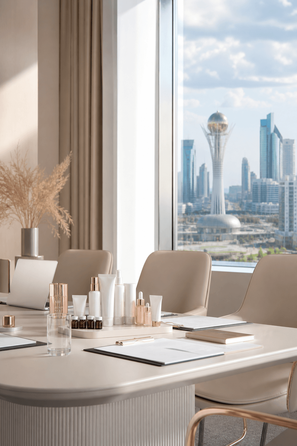 Modern aesthetic medicine clinic meeting room with Astana skyline